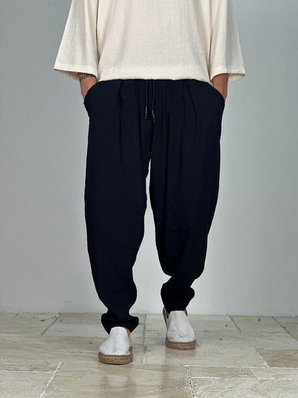 Aerobin - Keten Kumaş Siyah Pileli Pantolon COC2505