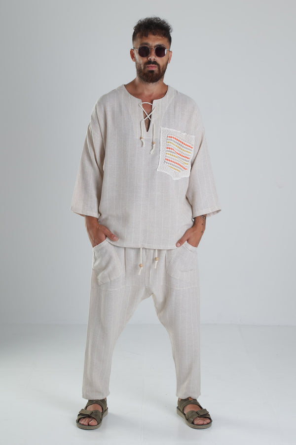 Bej Keten Pamuk Tasarım Şalvar Takım COC1284