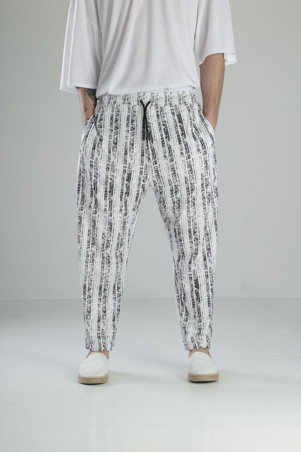 Beyaz Desenli Bürümcük Kumaş Baget Pantolon COC2434