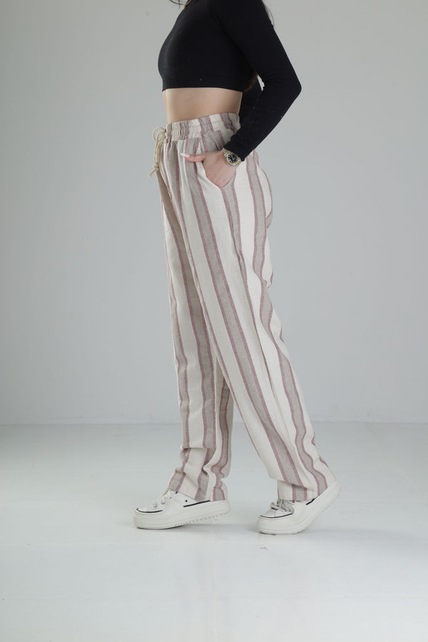 Bol Kalıp Bordo Çizgi Keten Pantolon COC2446