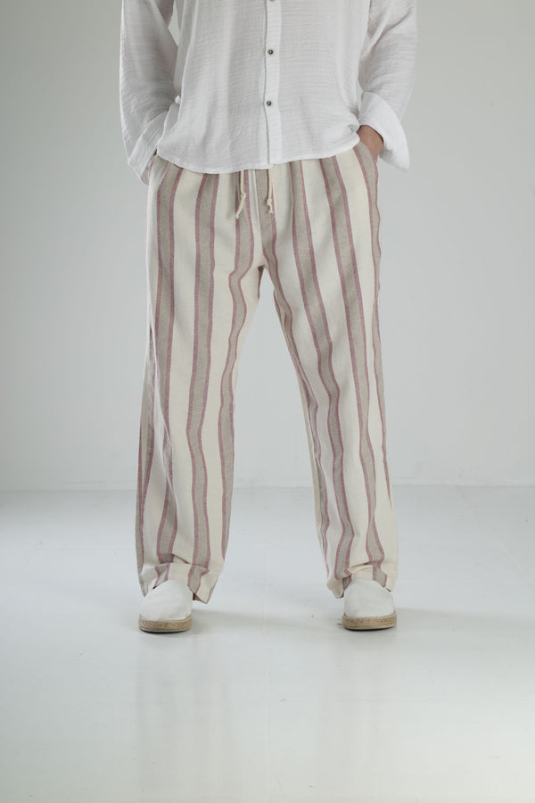 Bordo Çizgili Keten Pantolon COC2453