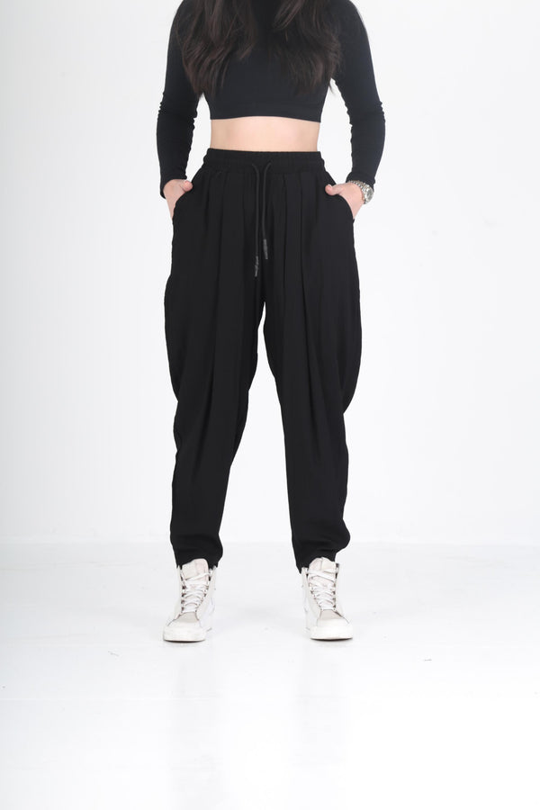 Bürümcük Kumaş Siyah Pileli Jogger Pantolon COC2479