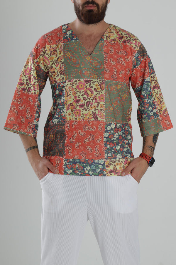 Çiçek Desenli Fakir Kol T-Shirt COC1743