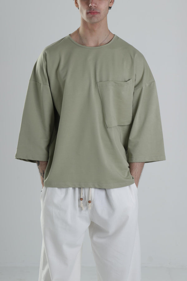 Cep Detaylı Yeşil Fakir Kol T-Shirt COC2309