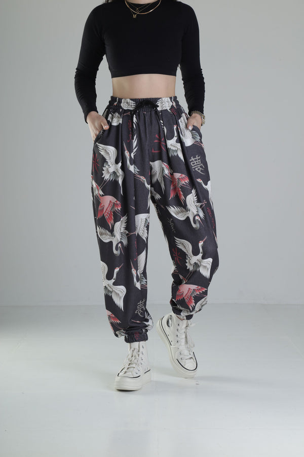 Chinese Kuş Desenli Pileli Jogger COC2327