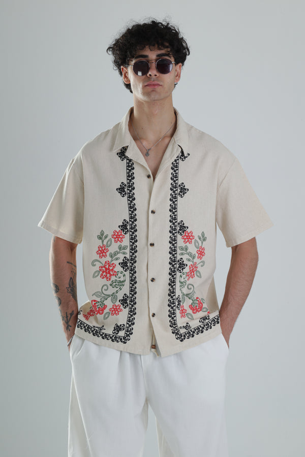 Çiçek Desenli Keten Tasarım Gömlek COC1355