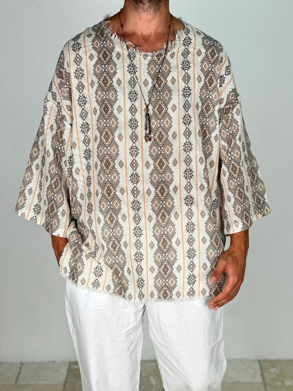 Çizgili Desenli Bohem Fakir Kol T-Shirt COC1873