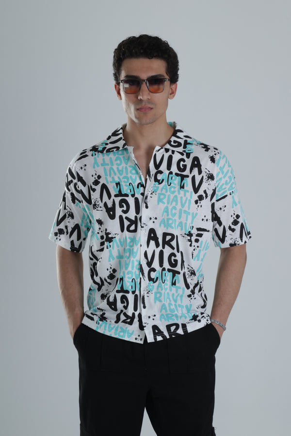 Erkek Grafiti Desenli Turkuaz Hawai Gömlek COC1151