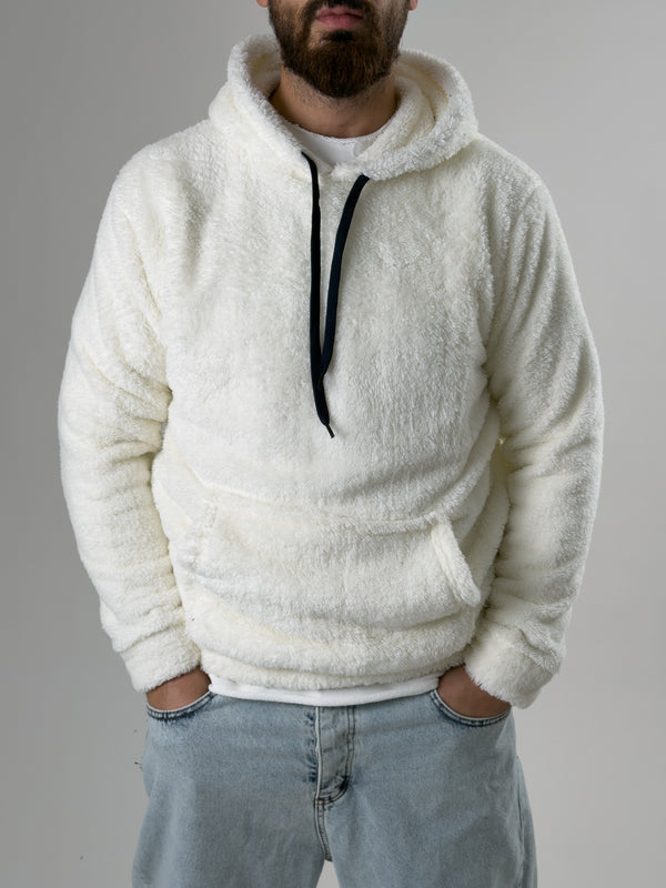 Erkek Kapüşonlu Ekru Peluş Sweat COC2591