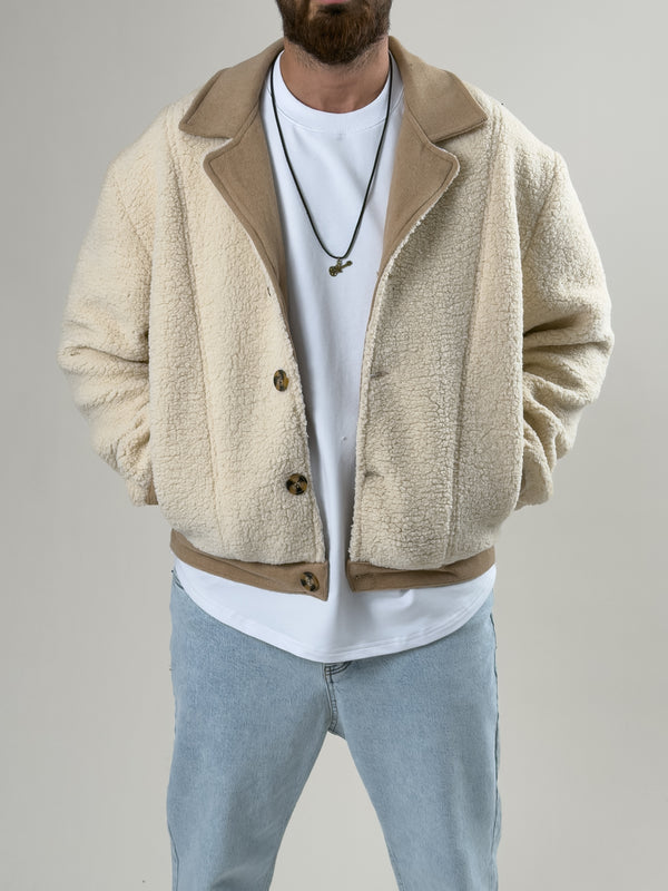 Erkek Kaşe Detaylı Ekru Peluş Hırka COC2585