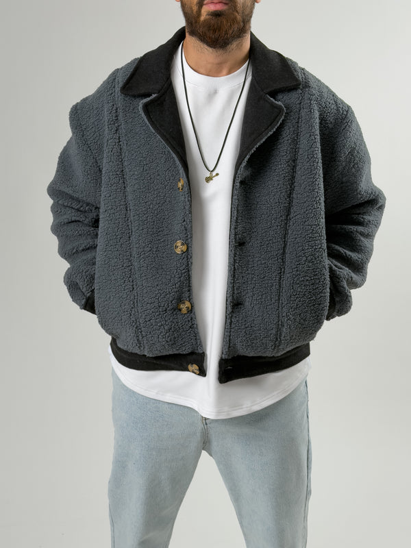 Erkek Kaşe Detaylı İndigo Peluş Hırka COC2577