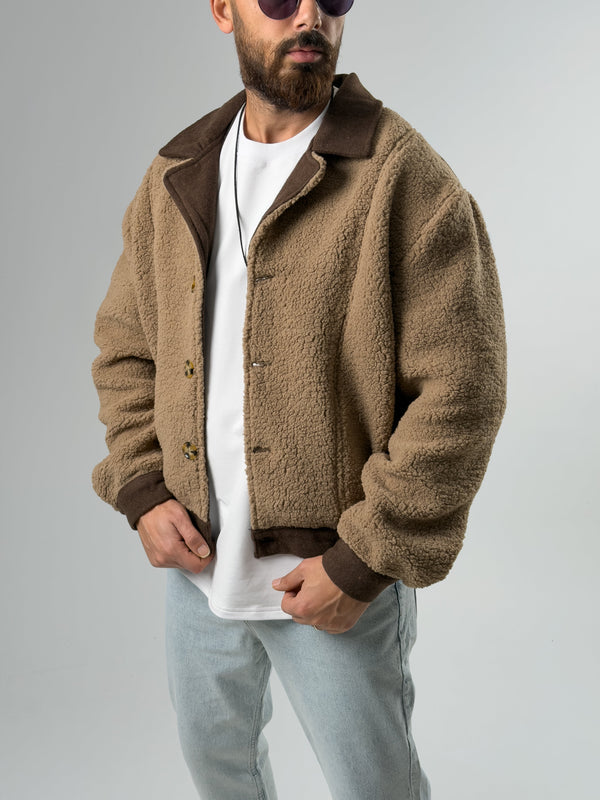 Erkek Kaşe Detaylı Kahverengi Peluş Hırka COC2578