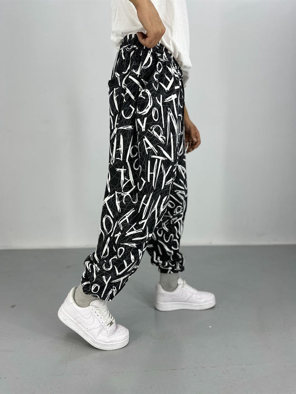 Erkek Siyah Beyaz Grafiti Spor Şalvar COC2209