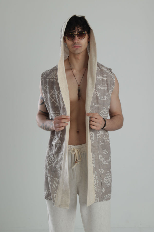 Etnik Desen Şerit Yaka Keten Panço COC2220