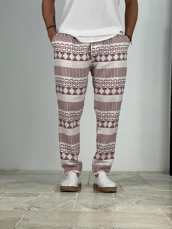 Etnik Desenli Bordo Keten Pantolon COC2228