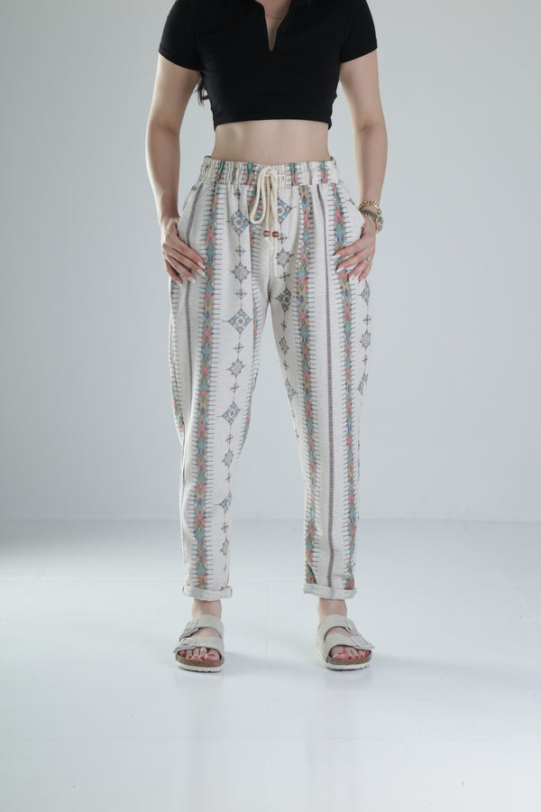 Etnik Desenli Keten Pantolon COC1328