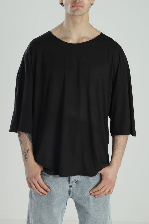 Fakir Kol Siyah Oversize Viscon T-Shirt COC2277