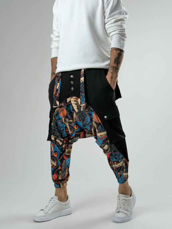 Garni Tasarım Erkek Siyah Müzik Desenli Spor Şalvar COC2619