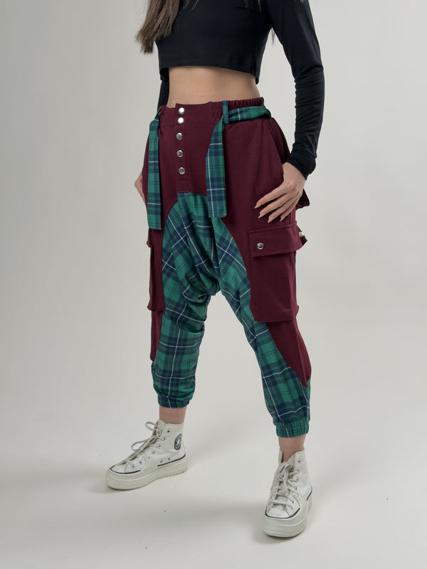 Garni Tasarım Kadın Bordo Ekose Desenli Spor Şalvar COC2620