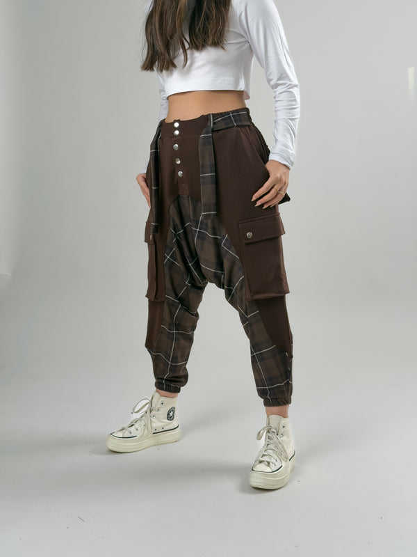 Garni Tasarım Kadın Kahve Ekose Desenli Spor Şalvar COC2618