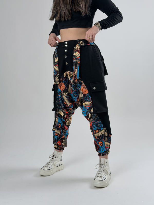 Garni Tasarım Kadın Müzik Desenli Siyah Spor Şalvar COC2615