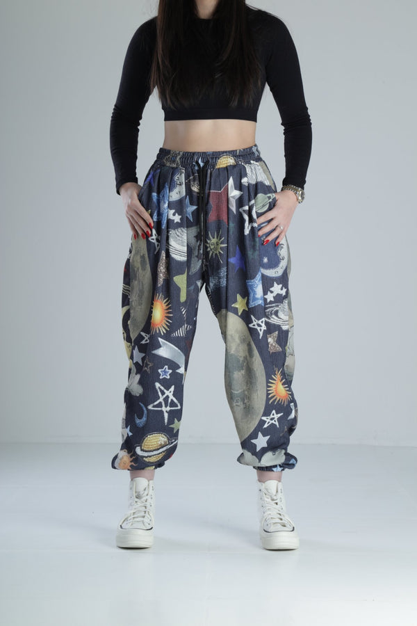 Gezegen Detaylı Pileli Bürümcük Kumaş Yarım Şalvar COC2102