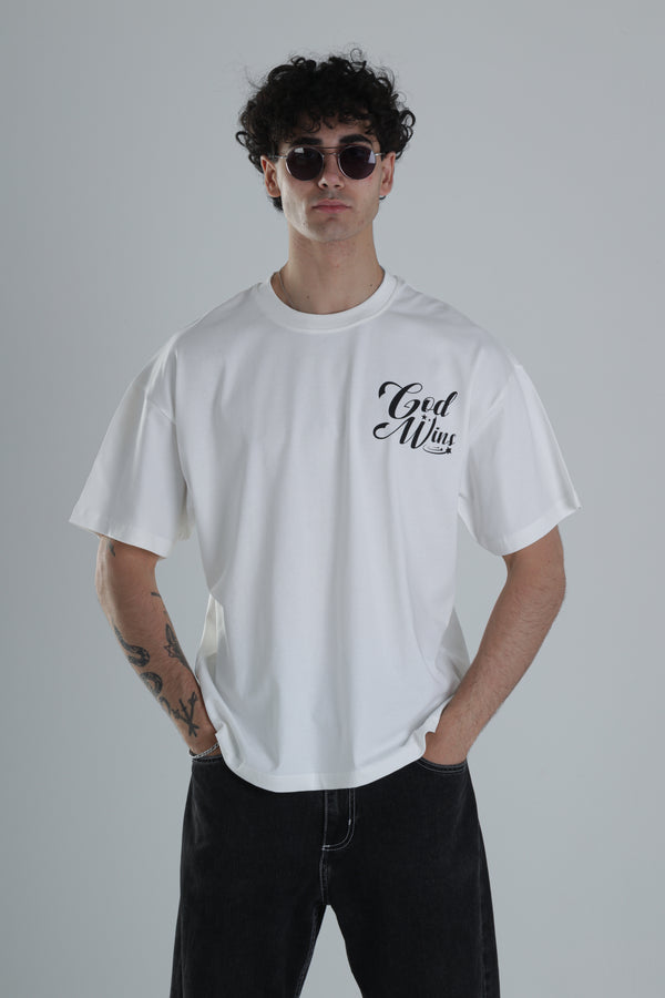 God Wins Beyaz Oversize Tasarım T-Shirt COC1388