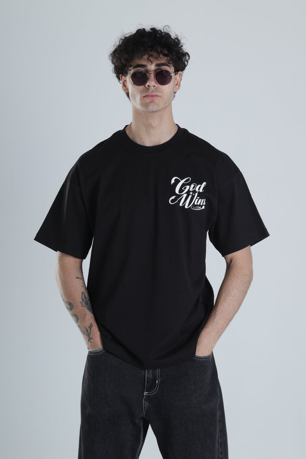 God Wins Siyah Oversize Tasarım T-Shirt COC1389