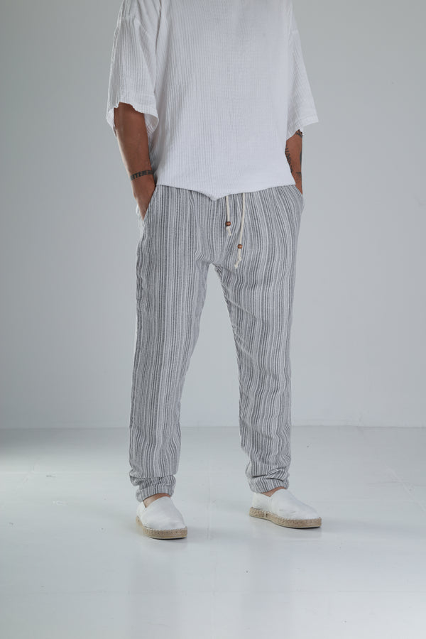 Gri Çizgili Müslin Keten Baggy Pantolon COC1357