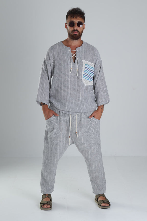 Gri Keten Pamuk Tasarım Şalvar Takım COC1285