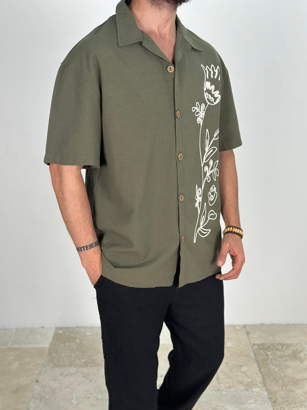 Haki Çiçek İşlemeli Gömlek COC2138