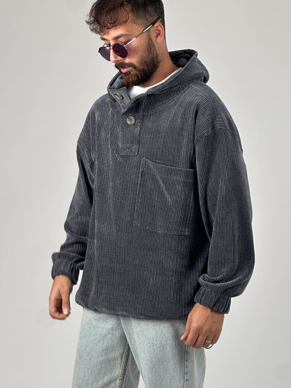 Kadife Dokulu Antrasit Oversize Kapüşonlu Erkek Sweatshirt COC1035