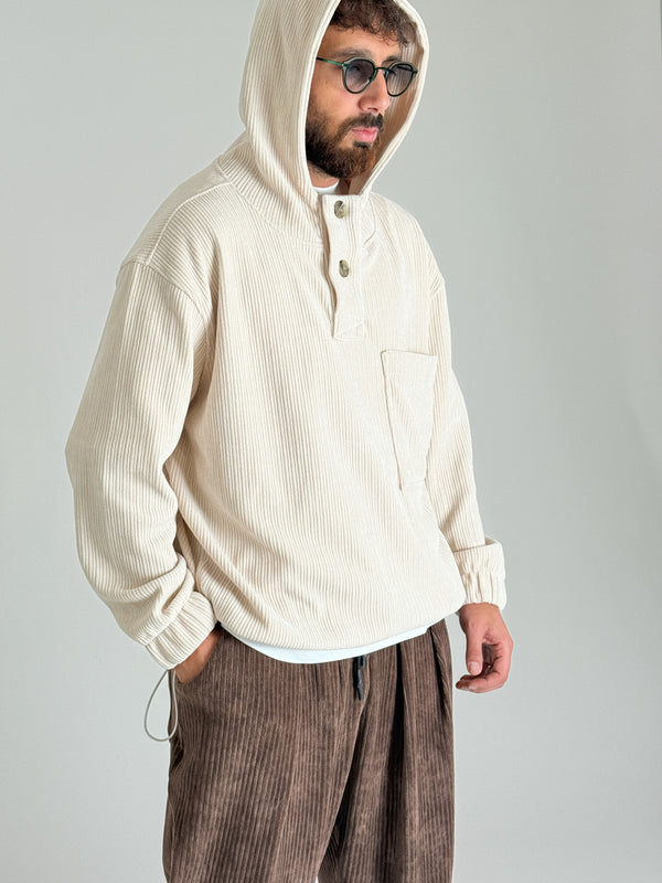 Kadife Dokulu Bej Oversize Kapüşonlu Erkek Sweatshirt COC1088