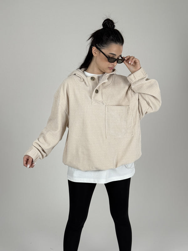 Kadife Dokulu Bej Oversize Kapüşonlu Kadın Sweatshirt COC1089