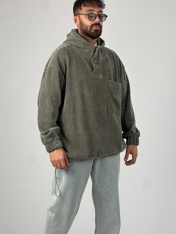 Kadife Dokulu Haki Oversize Kapüşonlu Erkek Sweatshirt COC1036