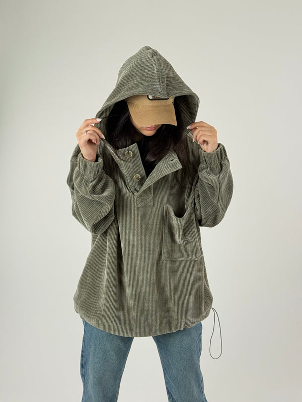 Kadife Dokulu Haki Oversize Kapüşonlu Kadın Sweatshirt COC1184