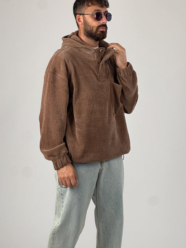 Kadife Dokulu Kahve Oversize Kapüşonlu Erkek Sweatshirt COC1037