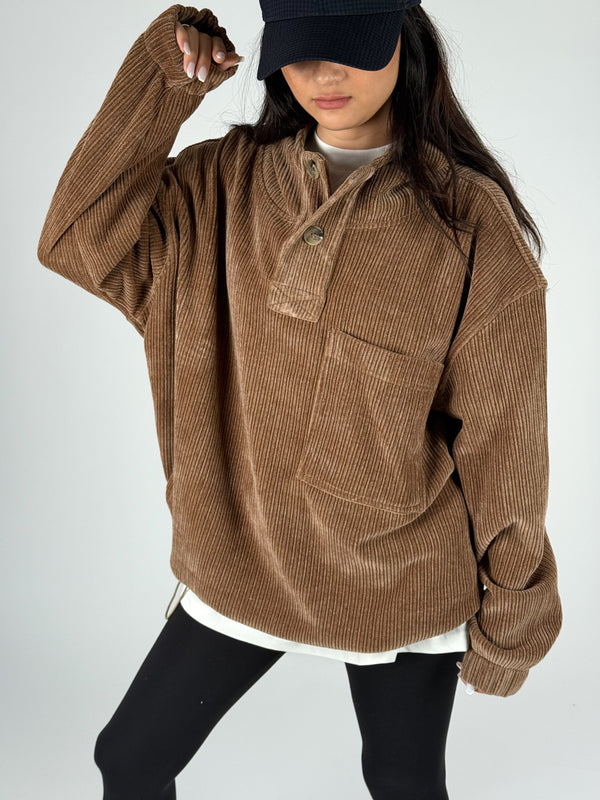 Kadife Dokulu Kahve Oversize Kapüşonlu Kadın Sweatshirt COC1185