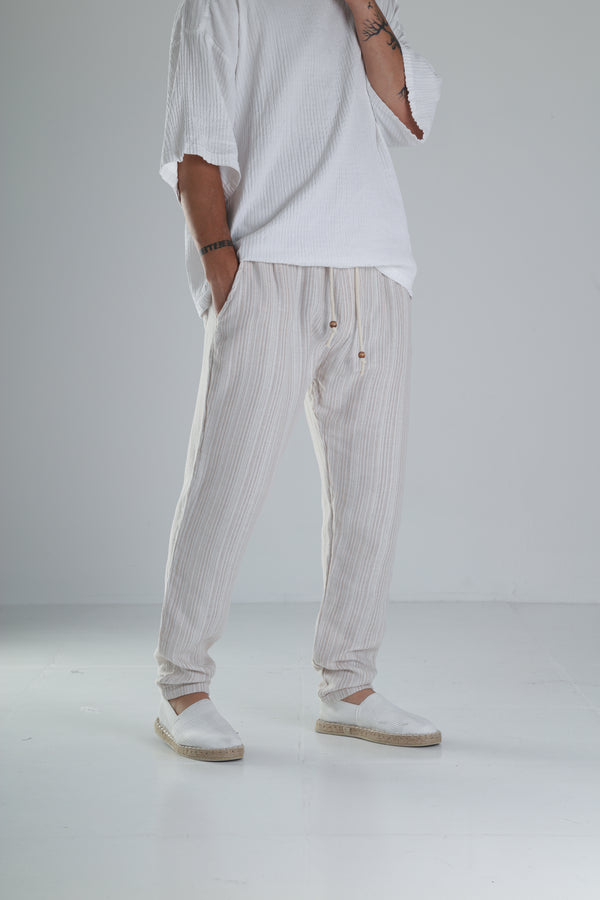 Kahve Çizgili Müslin Keten Baggy Pantolon COC1358