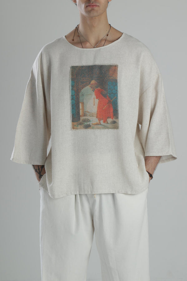 Kaplumbağa Detaylı Keten T-Shirt COC2179