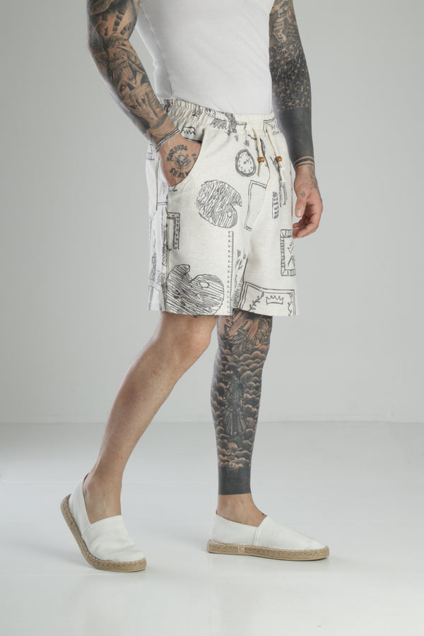 Karikatür Baskılı Keten Şort COC1468