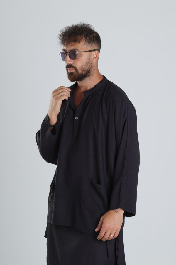 Keten Kumaş Oversize Siyah Tasarım T-Shirt COC1290