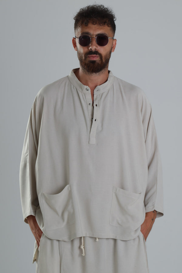 Keten Kumaş Oversize Bej Tasarım T-Shirt COC1289