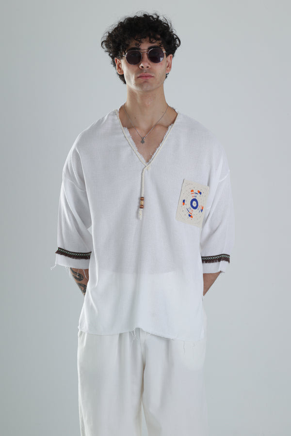 Kolyeli Tasarım Beyaz Fakir Kol T-Shirt COC1362