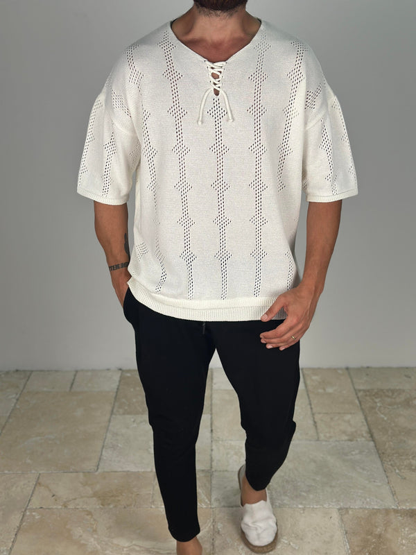 Lazer Kesim Örme Beyaz T-Shirt COC2020