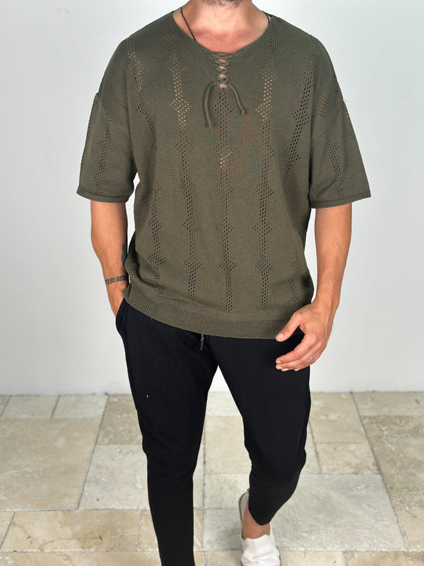 Lazer Kesim Örme Haki T-Shirt COC2021