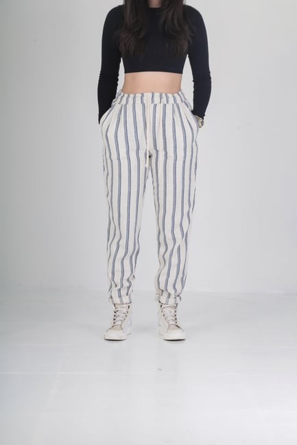 Mavi Dik Çizgi Keten Pantolon COC1541