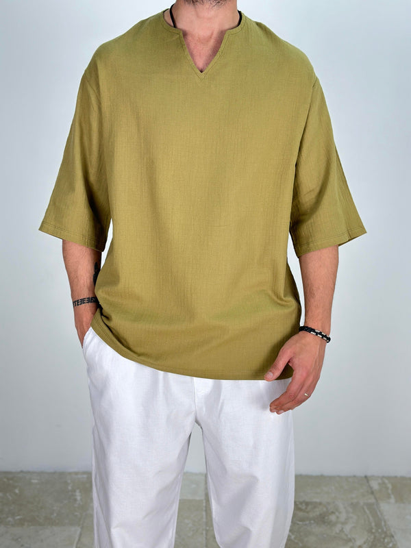 Müslin Kumaş Fakir Kol Zeytin Yeşili T-Shirt COC1549