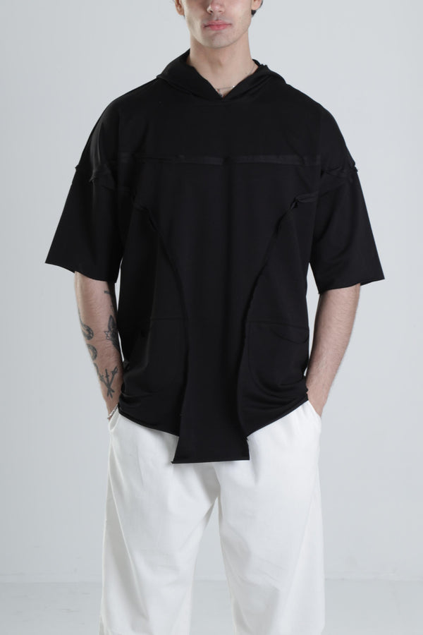 Siyah Avangard Kapüşonlu T-Shirt COC1969