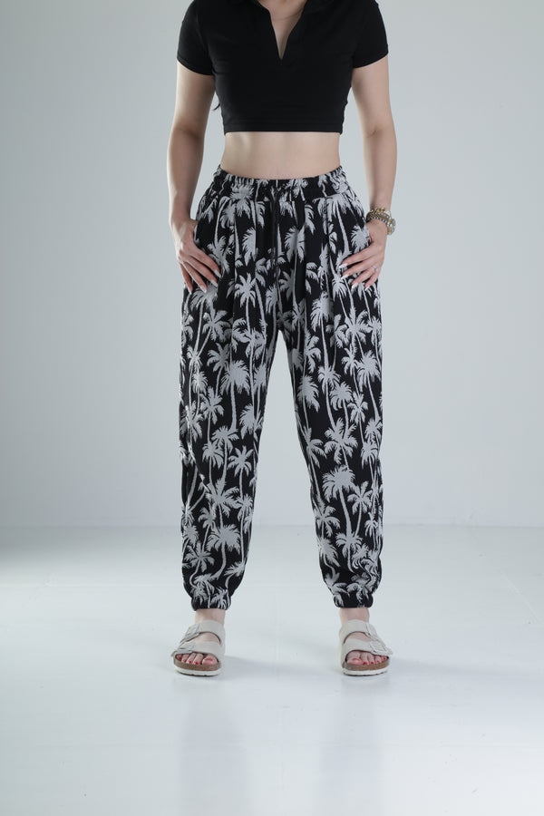 Siyah Palmiye Desenli Pileli Jogger COC1318